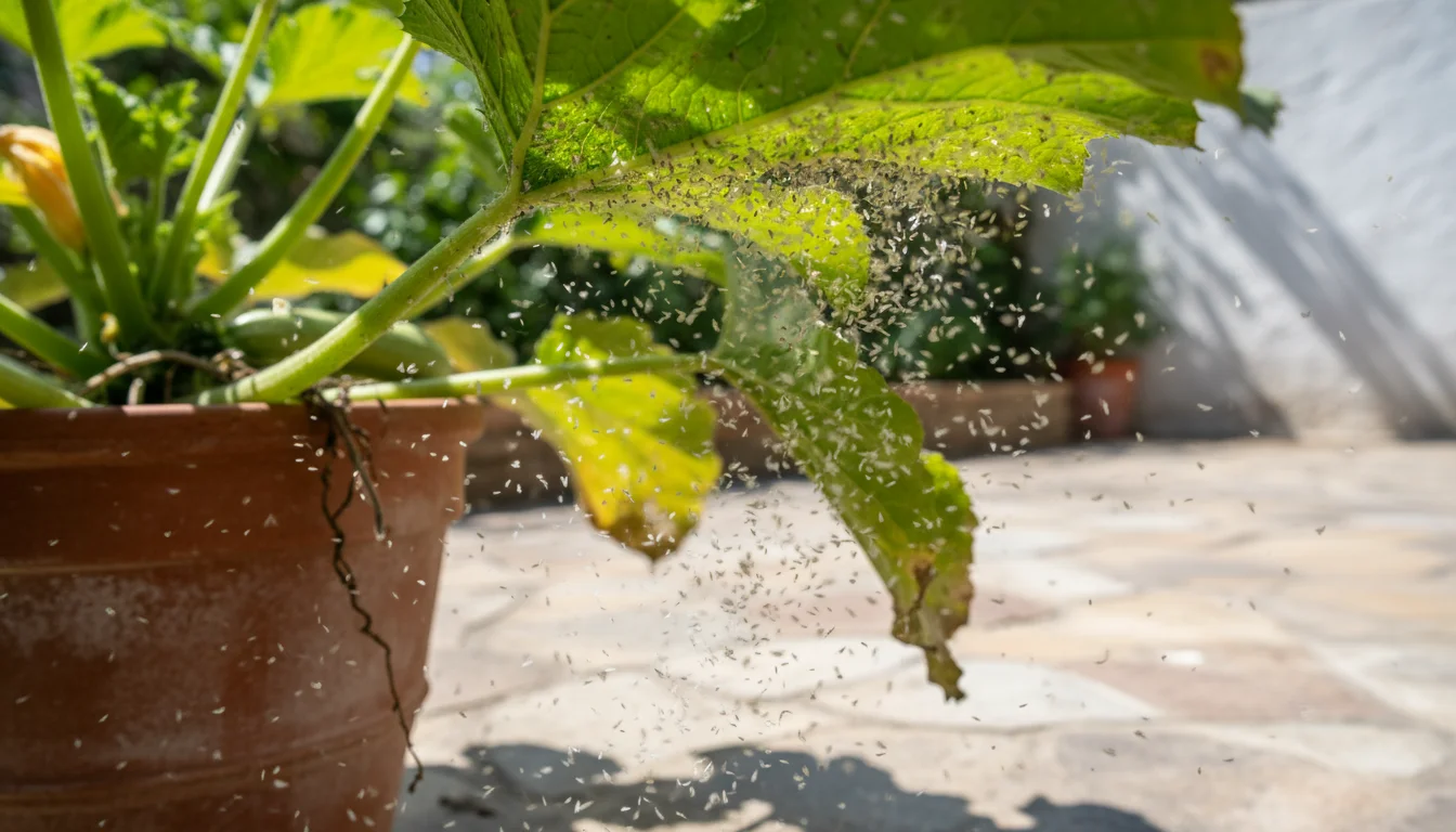 Dozens of tiny whiteflies fly up in a cloud from the sticky, yellowing underside of a zucchini leaf in a sunny patio container garden.