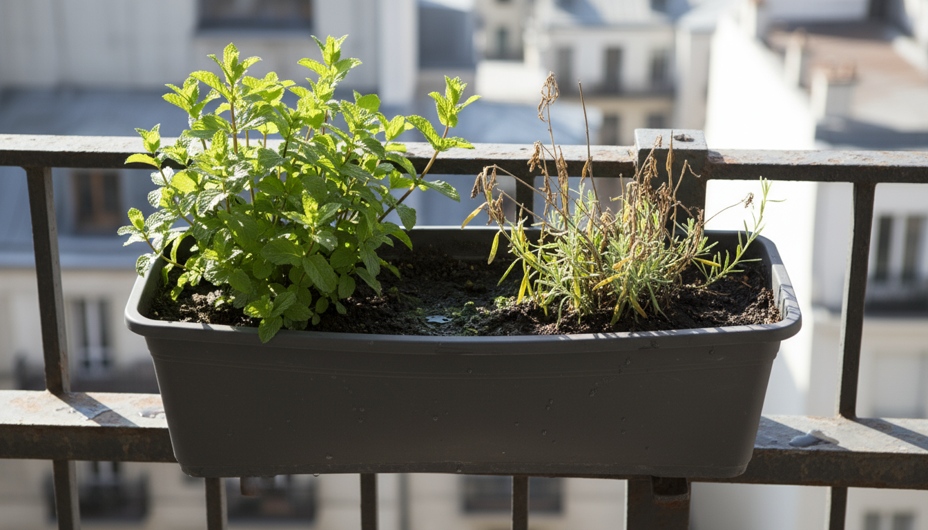Close-up of a wind-stressed ornamental grass in a pot on an urban balcony, with frayed leaves and a displaced terracotta pot.