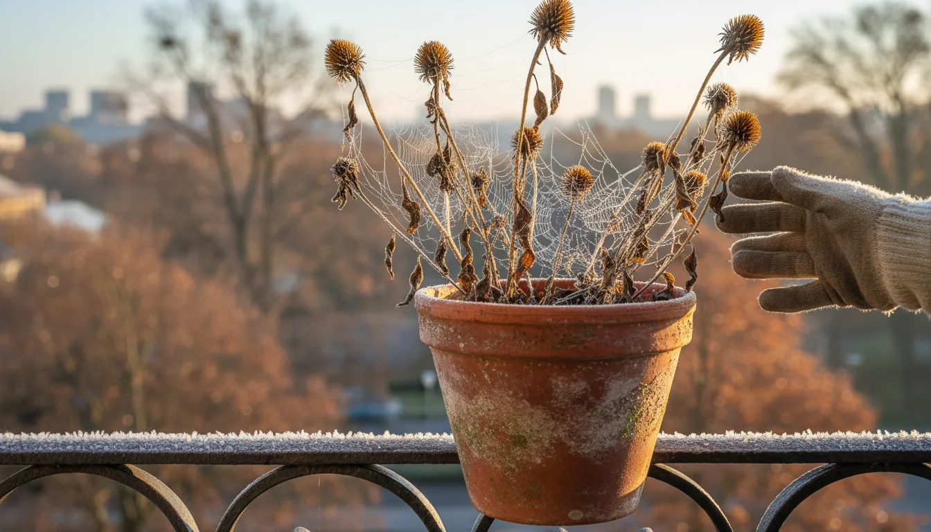 Close-up of dried coneflower stalks in a terracotta pot on a frosty balcony railing, a gloved hand nearby.