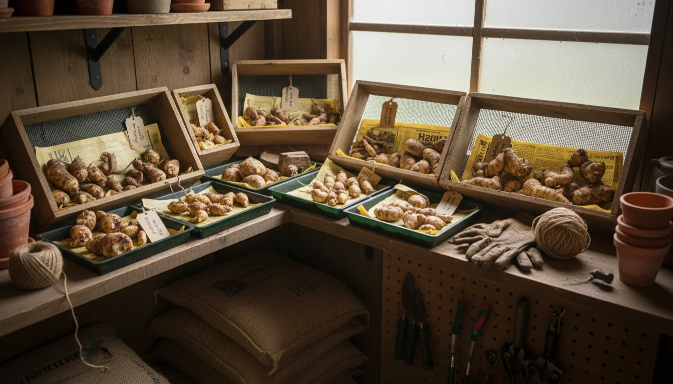Dried dahlia, canna, and caladium tubers curing in open crates on a shelf in a well-ventilated garden shed.