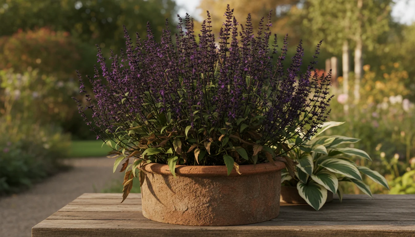Dried dark flower spikes of Salvia 'Caradonna' rise from a terracotta pot on a patio, offering vertical contrast.