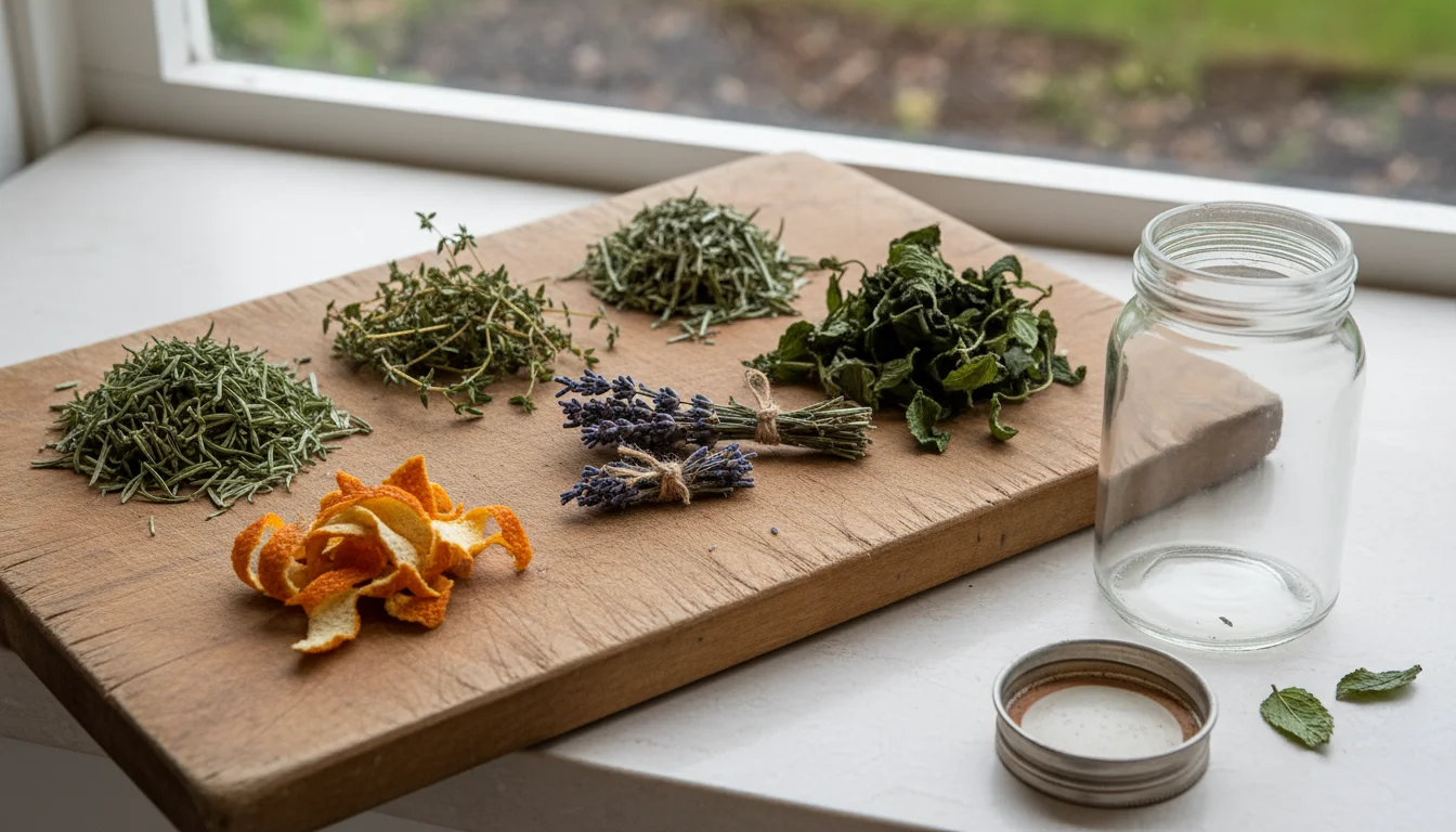 Close-up of dried herbs, citrus peels, and household items on a wooden cutting board: rosemary, thyme, mint, lavender, vinegar, spray bottle, and an o