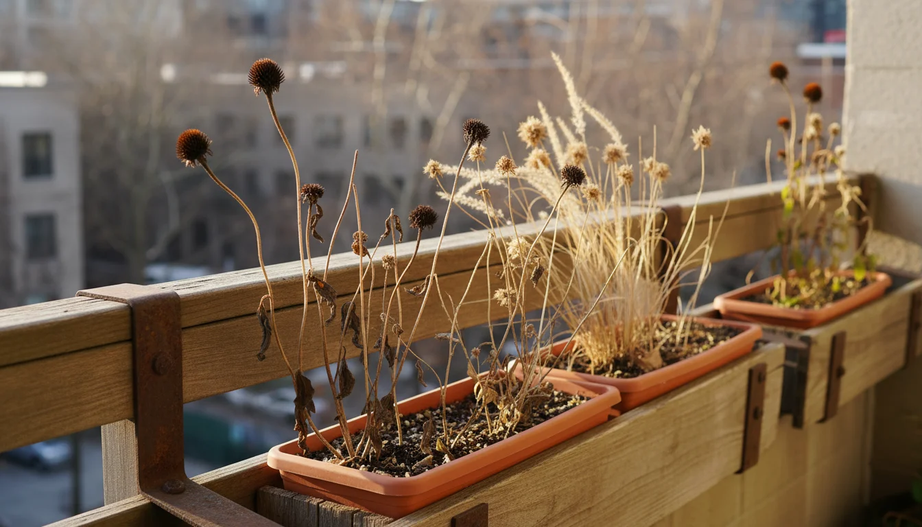 Dried, hollow, and pithy perennial stems intentionally left in terracotta pots on a balcony provide winter shelter for beneficial insects.