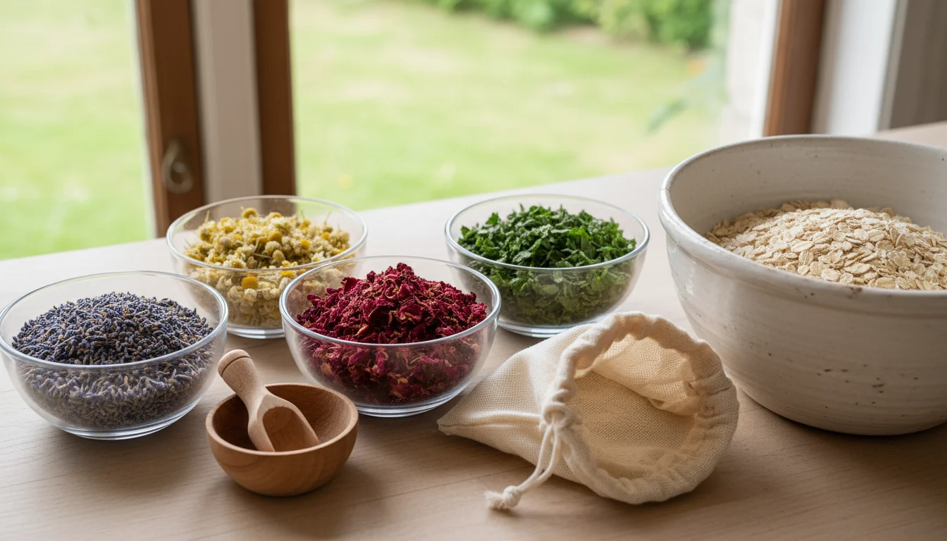 Dried lavender, chamomile, rose petals, mint, and rolled oats in glass bowls, with a muslin bag, scoop, and mixing bowl on a countertop.