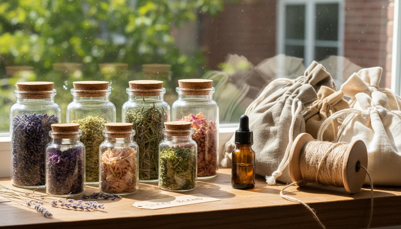 Dried lavender, mint, rosemary, lemon verbena, and rose petals in glass jars, with fabric bags, twine, and essential oil on a sunlit windowsill.