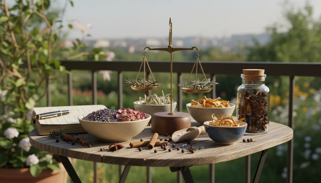 Dried lavender, rose petals, mint, orange peels, cinnamon sticks, pinecones, and essential oil bottle displayed on a wooden balcony table.