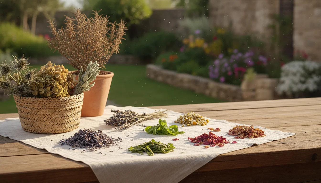 Dried lavender sprigs, mint leaves, and flower heads arranged on a linen cloth on a wooden surface, with container garden plants in the background.