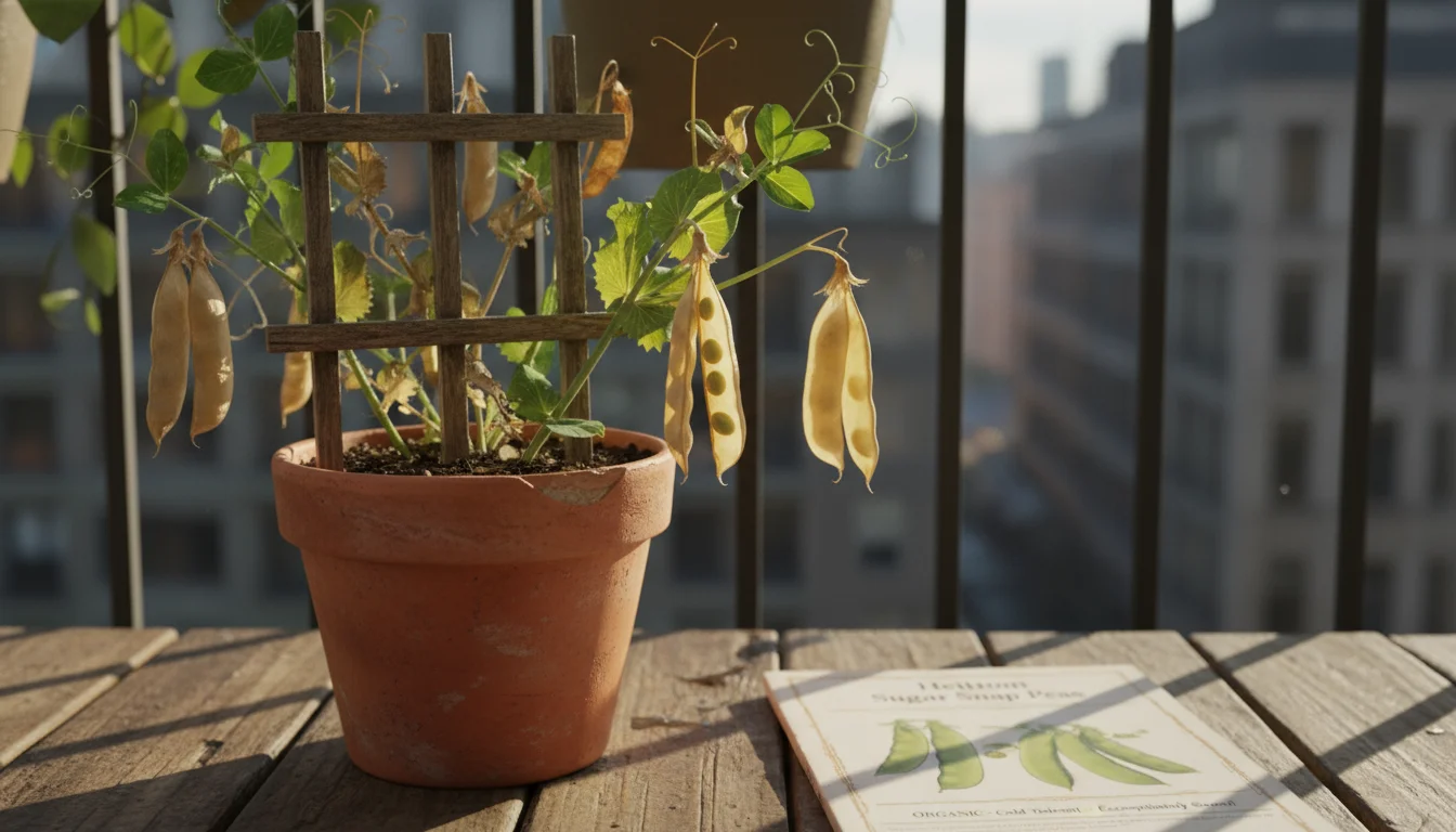 Dried pea or bean pods on a small balcony trellis, ready for seed saving, next to an open seed catalog. 
