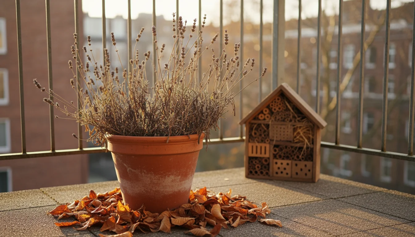 Dried plant stems and fallen leaves in a terracotta pot on an urban balcony. A small wooden bug hotel is visible in the background.