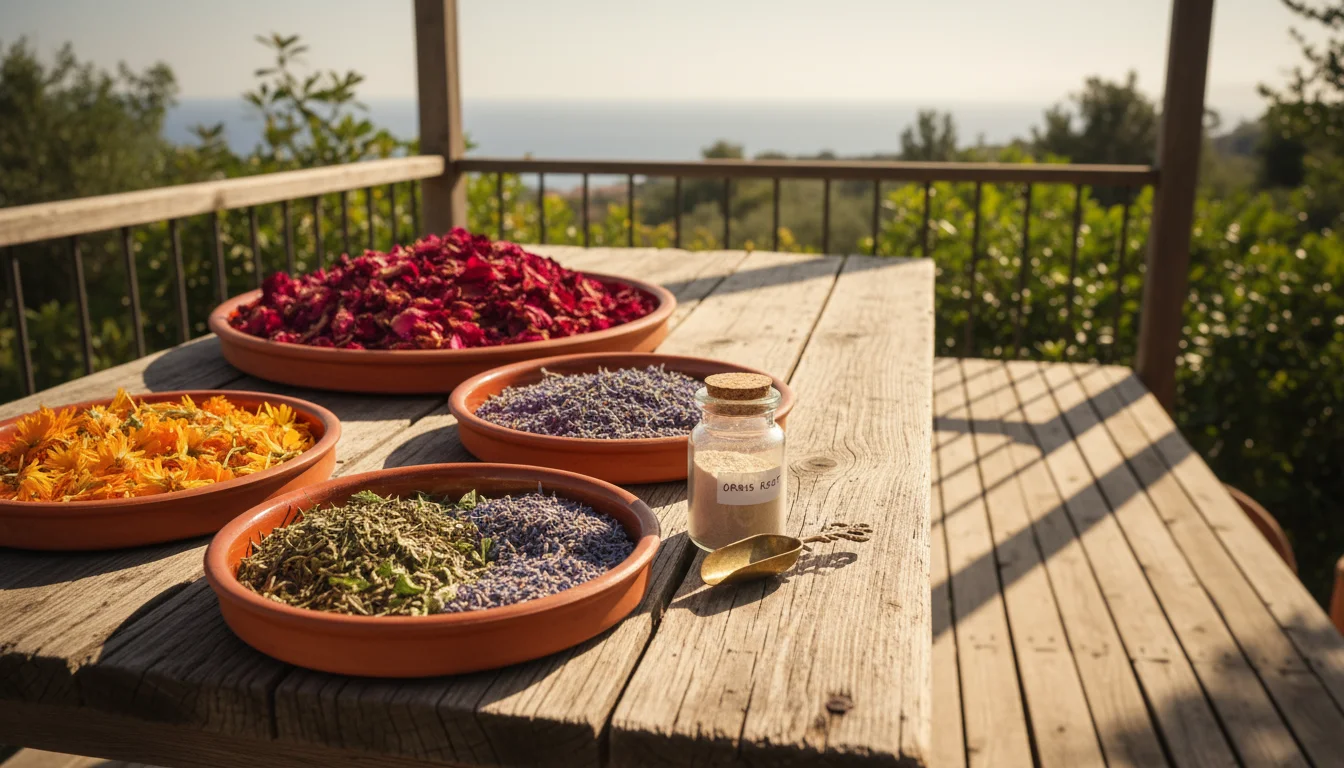 Dried rose petals, calendula, lavender, rosemary, and mint in small bowls beside a jar of orris root powder on a rustic wooden table.