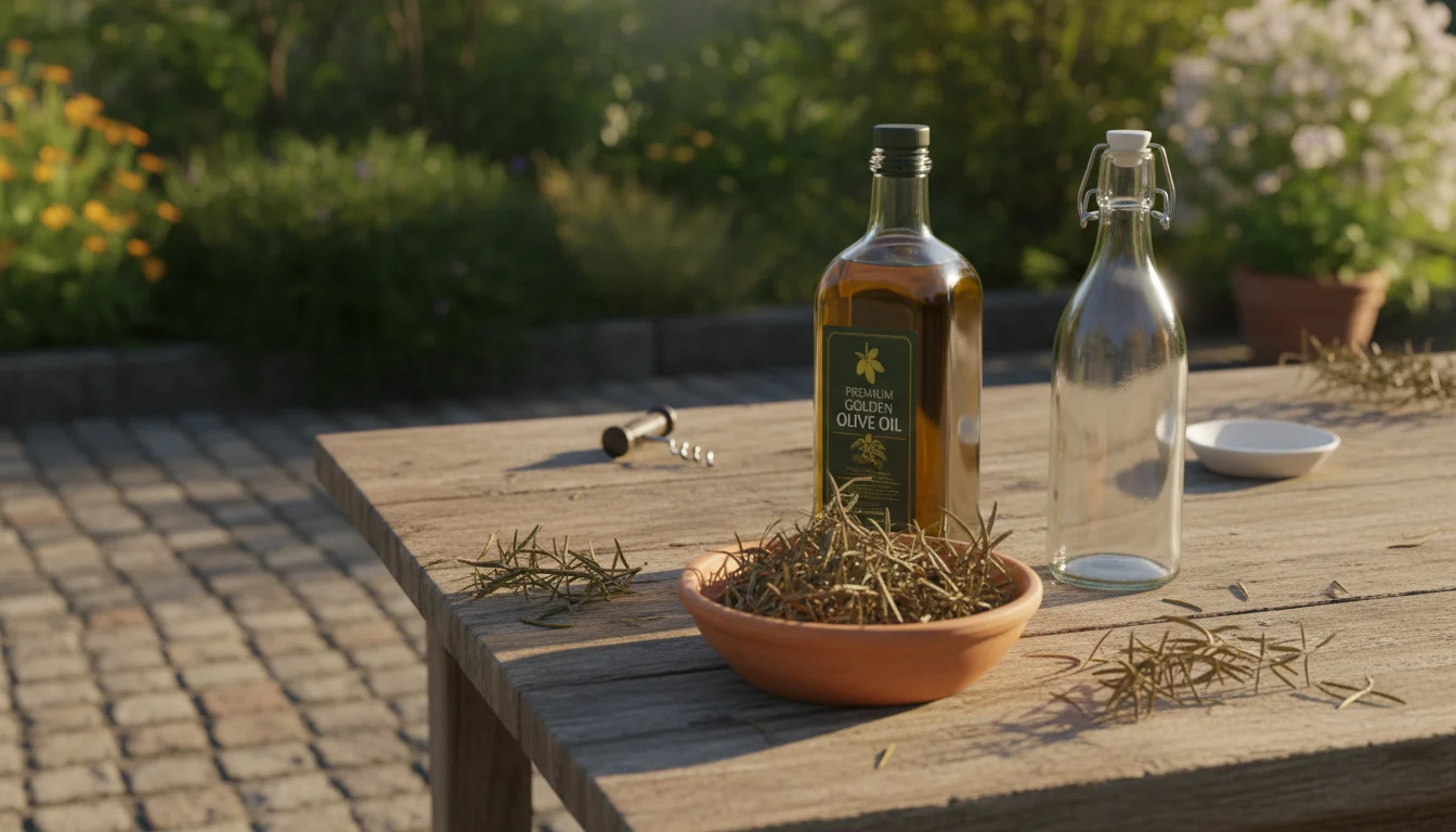 Dried rosemary in a terracotta bowl, olive oil bottle, empty glass bottle, chili flakes, and cheesecloth on a wooden patio table.
