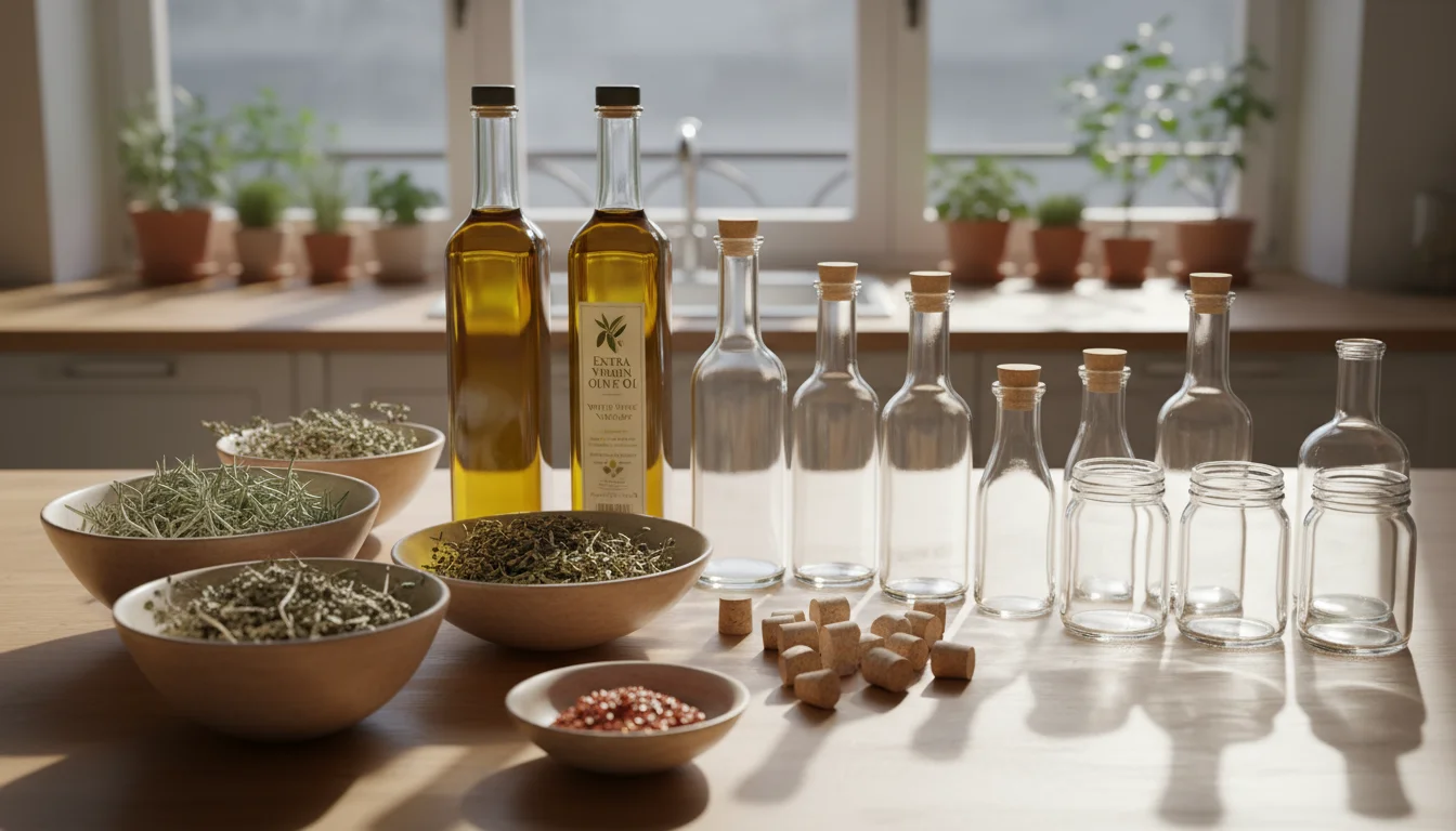 Dried rosemary, thyme, oregano, chili flakes, olive oil, vinegar, clean glass bottles, sieve, and cheesecloth neatly arranged on a counter.