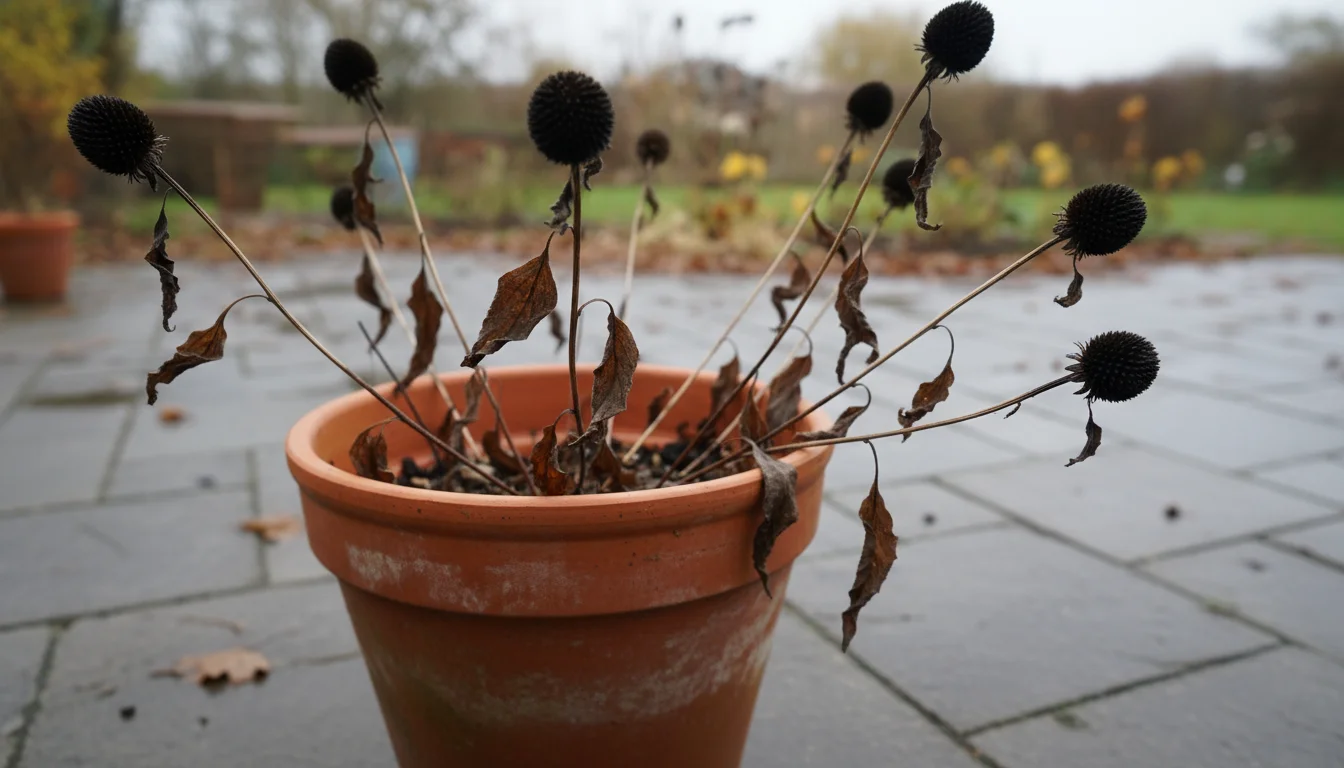 Dried Rudbeckia seed heads in a weathered terracotta pot on a grey stone patio, with a small finch perched on one head.