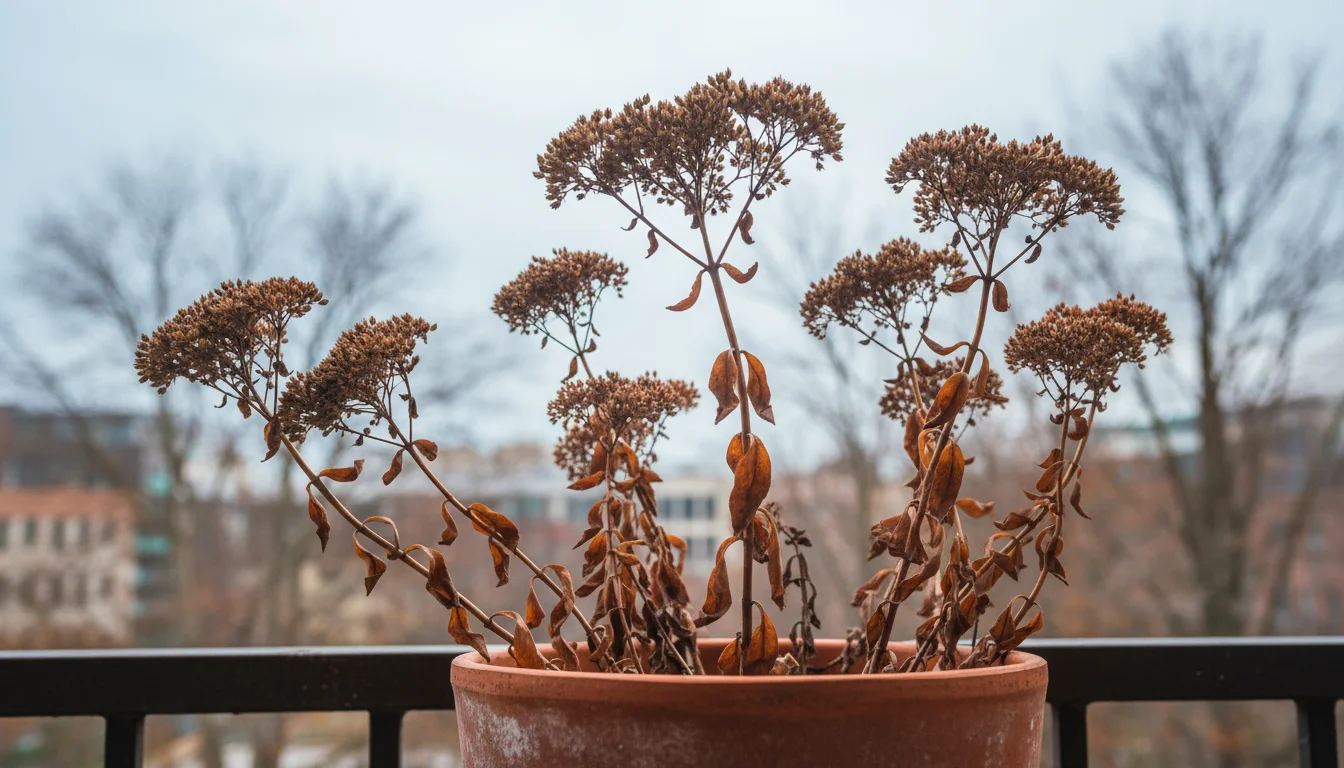 Dried seed heads of a Sedum 'Autumn Joy' plant in a terracotta pot on a balcony against a grey sky.