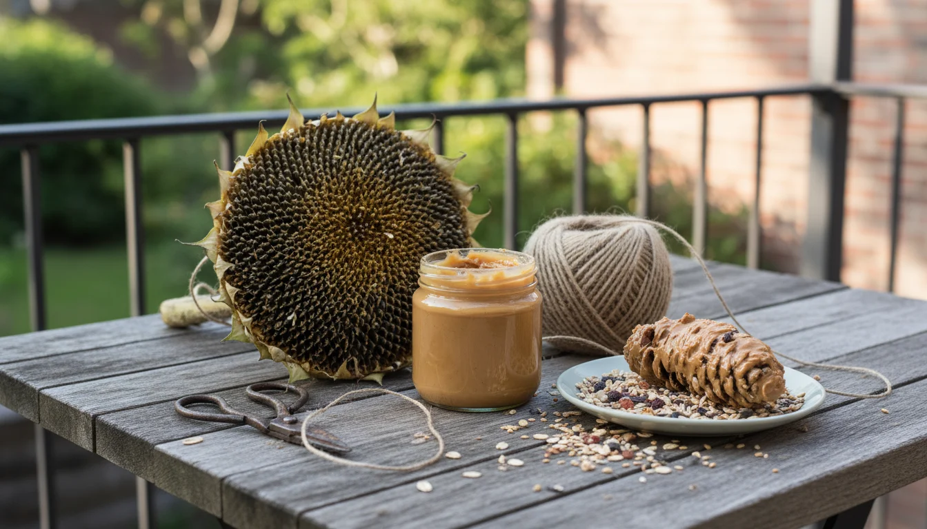 Dried sunflower head, open peanut butter jar, and twine on a wooden table, with a finished peanut-butter-coated pinecone feeder.