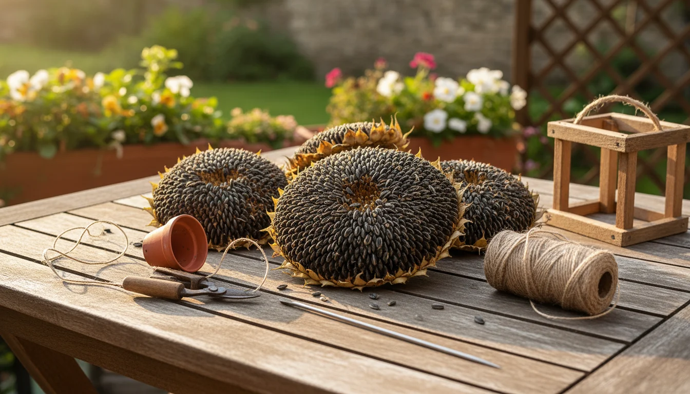 Dried sunflower heads, natural twine, garden snips, and a metal skewer arranged on a wooden balcony table.