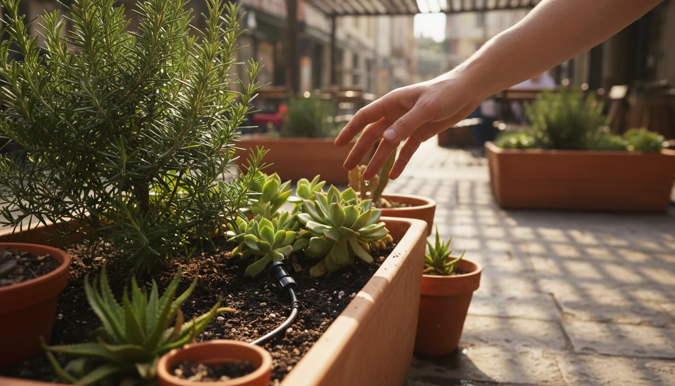 Medium shot of a drip irrigation emitter watering rosemary in a patio raised planter. A hand checks the moist soil.
