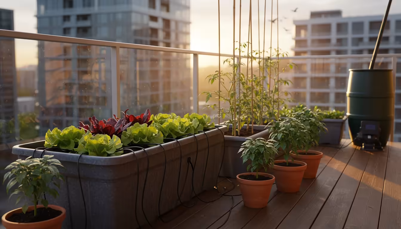 Drip irrigation feeds thriving container vegetable seedlings under a dappled shade cloth on a hot urban balcony, ensuring consistent moisture.