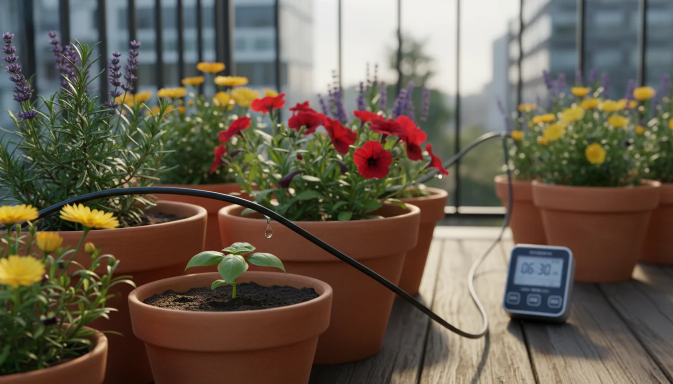 Drip irrigation line watering a basil plant in a terracotta pot on a sunny balcony, with a timer visible in the background.