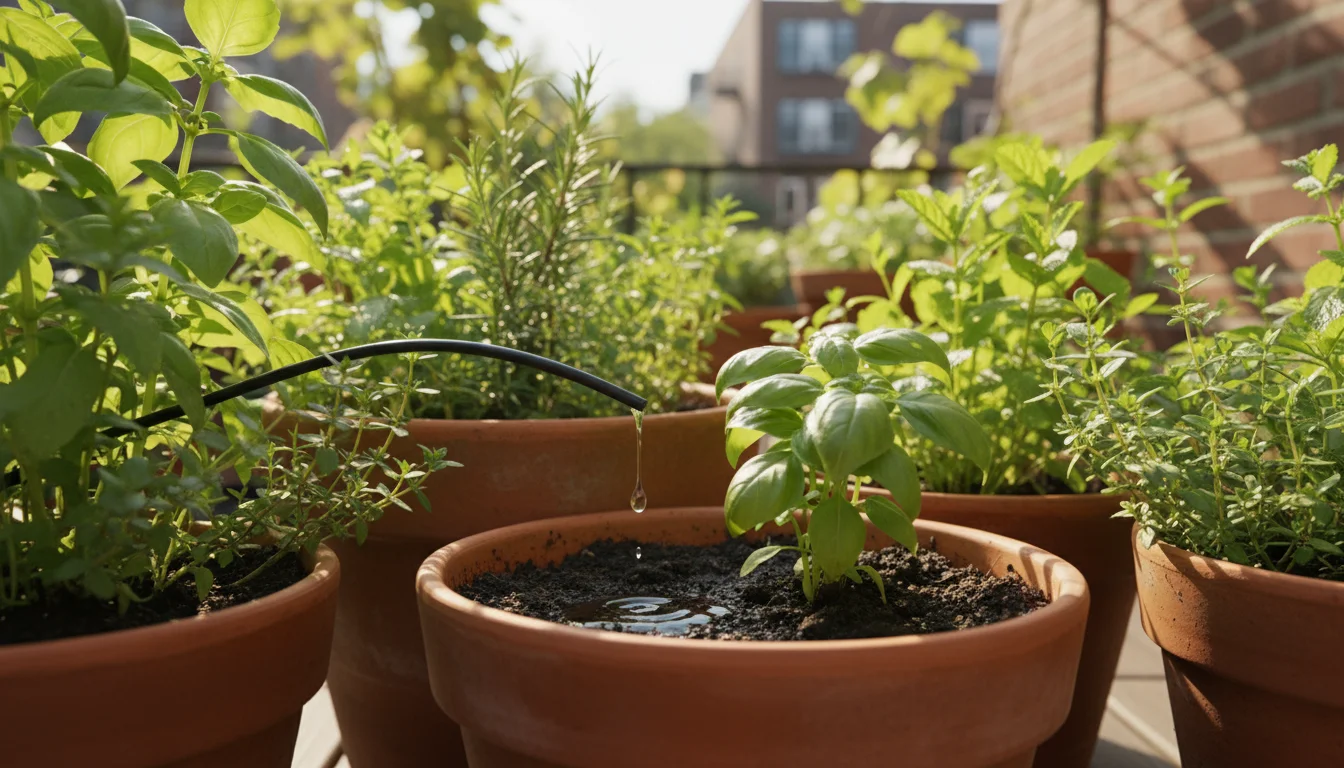 Close-up of a drip irrigation system watering herbs in a terracotta pot on a sunny urban patio.
