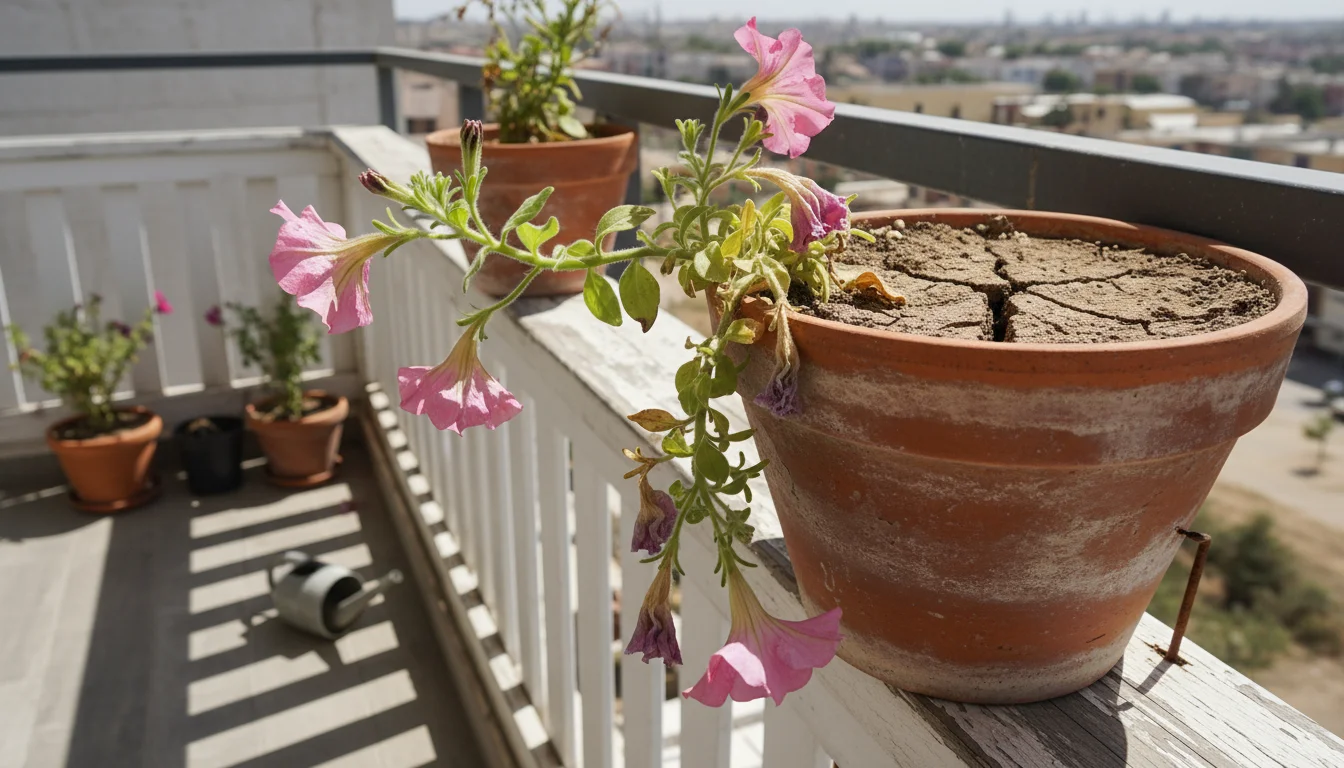 Drooping pink petunia in a terracotta pot on a sunny balcony railing, its leaves and flowers visibly wilted and crisping from lack of water.