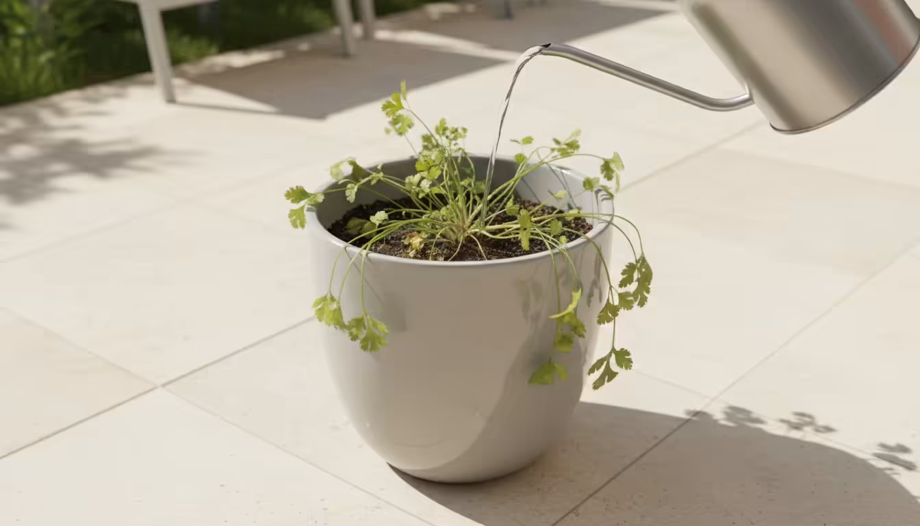 Overhead view of a droopy cilantro plant in a light grey ceramic pot on a patio, being watered by a slim silver watering can.