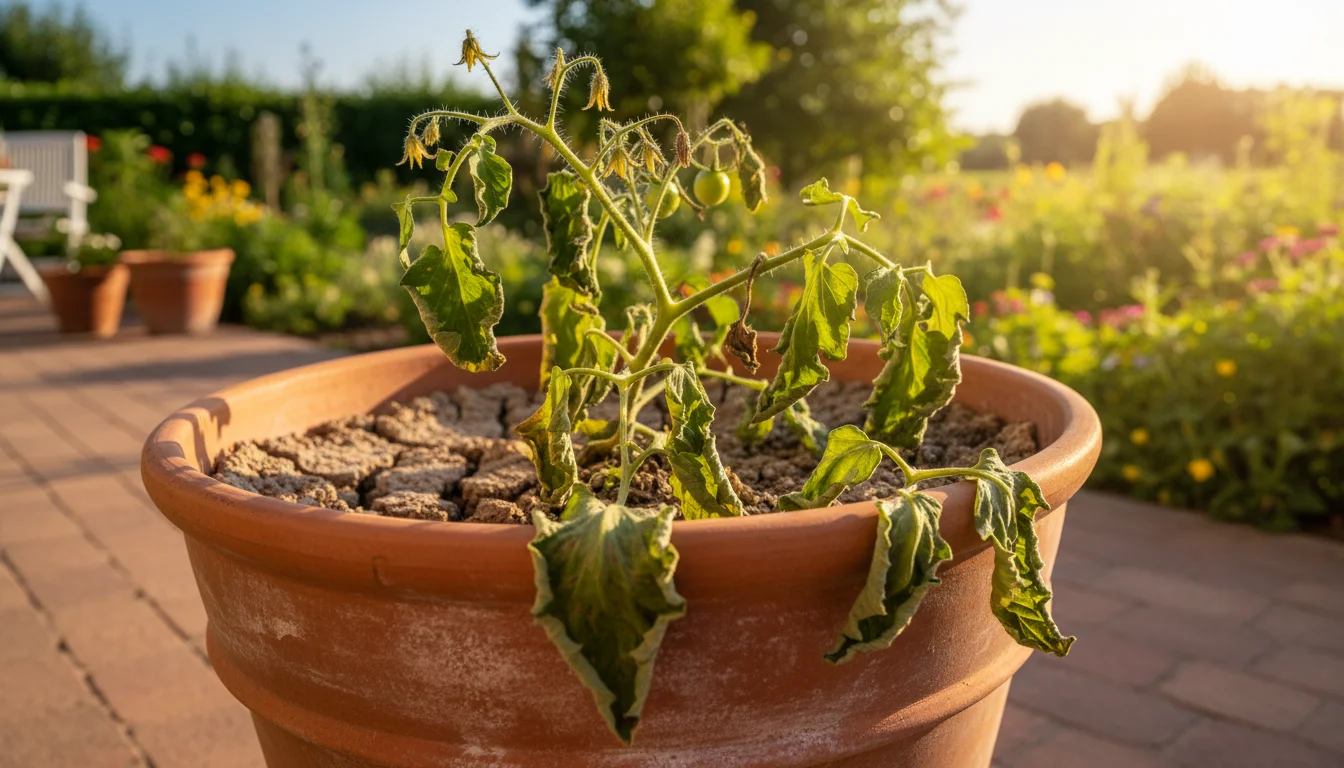 A droopy, dry tomato plant in a terracotta pot on a sunny patio, its leaves wilted from lack of water or heat stress.