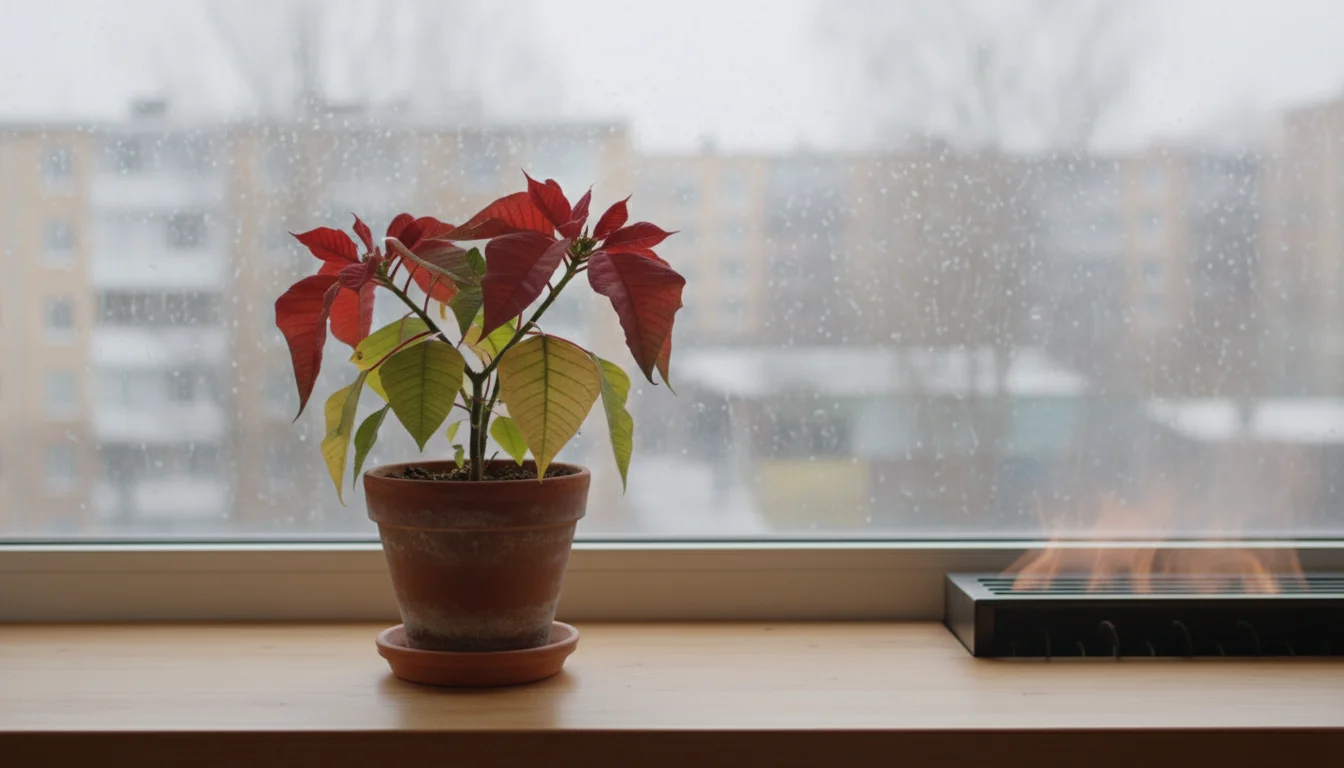 A slightly droopy poinsettia with dull red leaves sits on a windowsill, a frosted window and blurry radiator hinting at its distress.