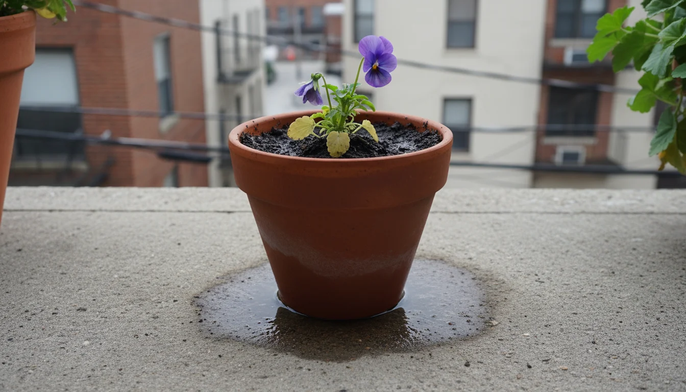 A slightly droopy purple pansy in a terracotta pot on a balcony, with visibly wet, dark soil and yellowing lower leaves.
