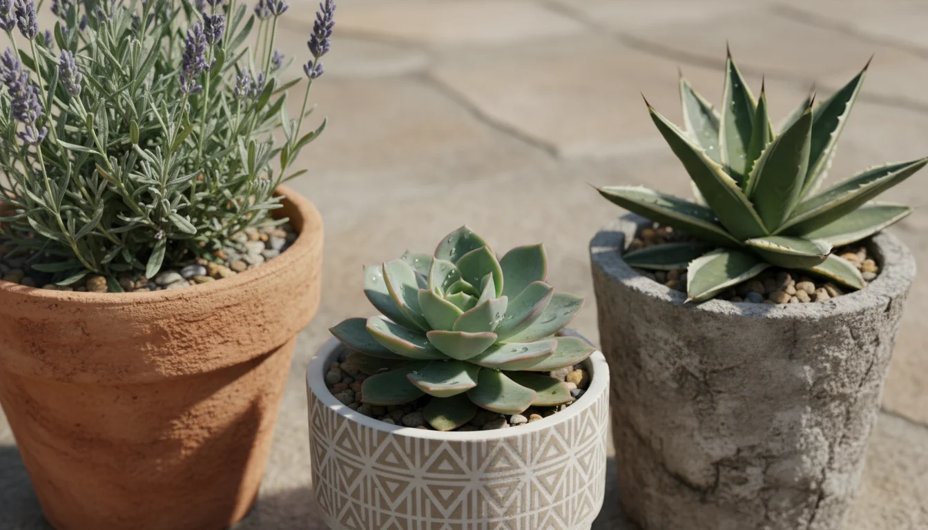 Close-up of drought-tolerant plants: silvery lavender, waxy Echeveria, and blue fescue grass in small terracotta, ceramic, and metal pots.