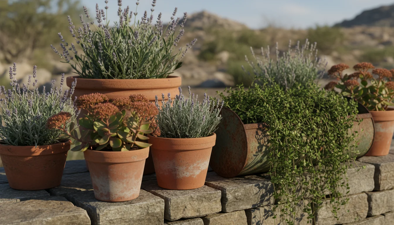 Close-up of drought-tolerant plants in terracotta pots and a metal trough, showing fleshy sedum, silver lavender, and creeping thyme on a stone wall.