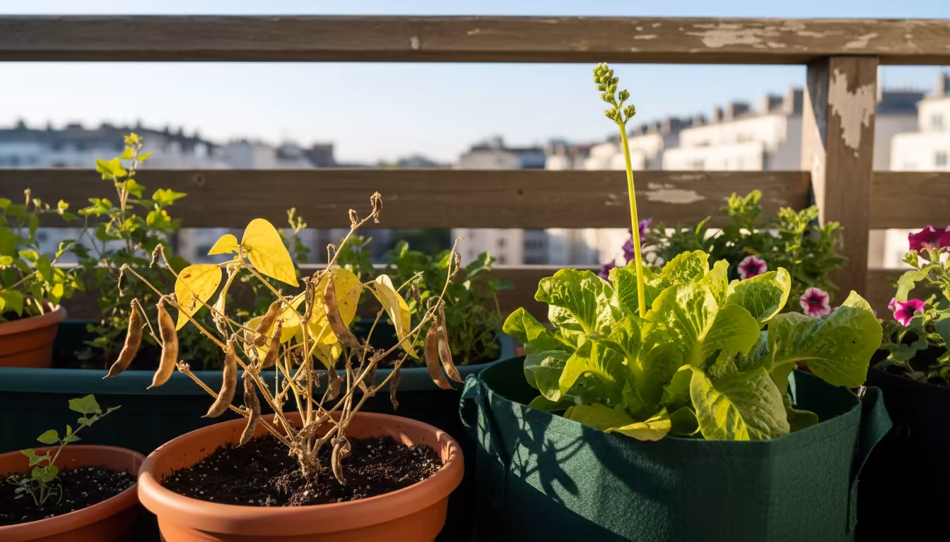 Dry, brittle brown bean pods on a bush bean plant in a terracotta pot next to a bolting loose-leaf lettuce plant on a sunny balcony.