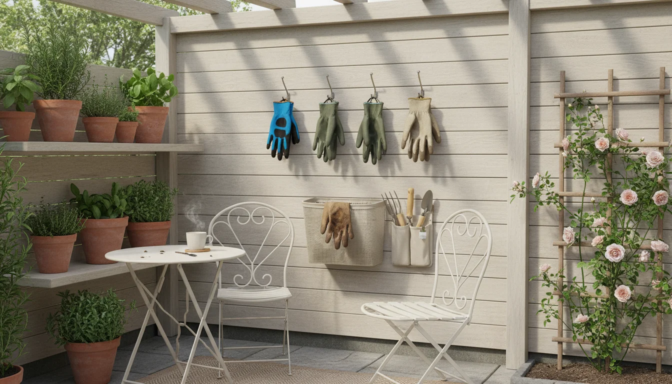 Dry gardening gloves hang neatly on hooks and in a mesh caddy on a wooden slatted wall in a tidy small-space patio garden.