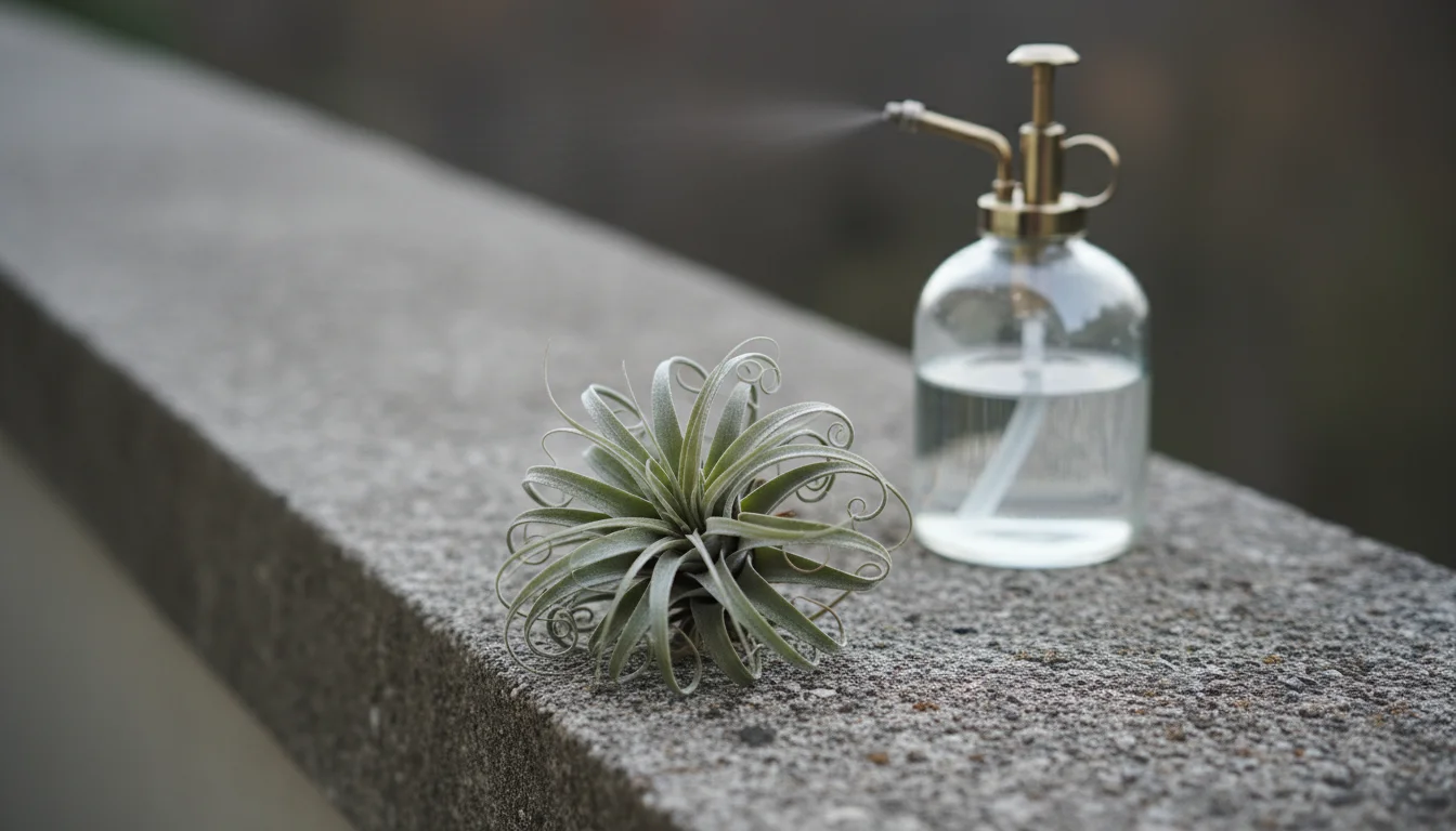 Close-up of a dry-looking air plant with curled, shriveled leaves on a concrete balcony railing. A glass mister bottle is blurred in the background.