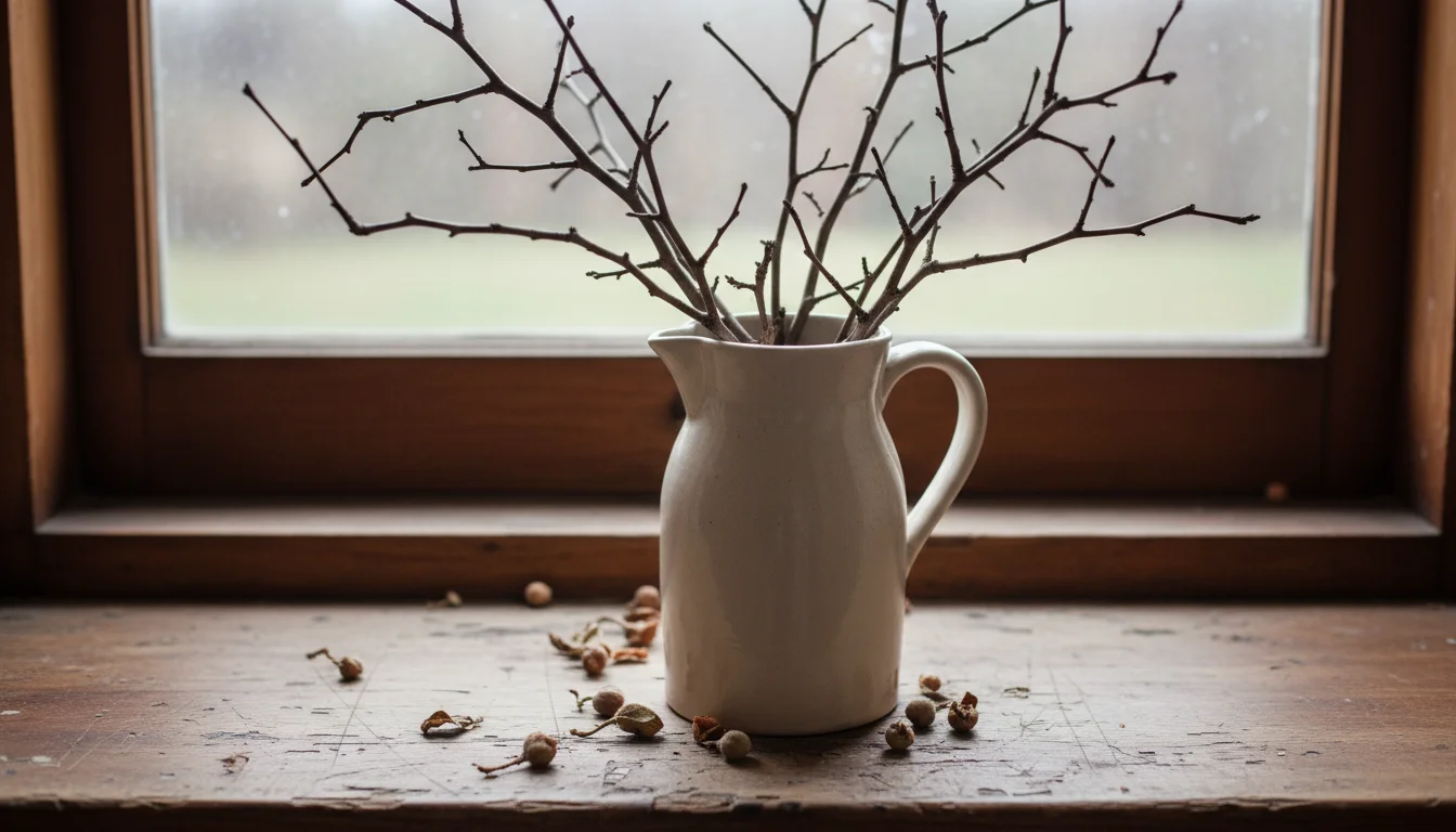 Dry quince branches in a ceramic pitcher on a wooden windowsill, surrounded by tiny, shriveled brown buds that have fallen off.