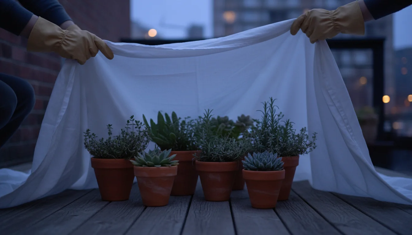 At dusk, hands carefully drape a sheet over clustered potted plants on a patio, with other small containers visible safely indoors.