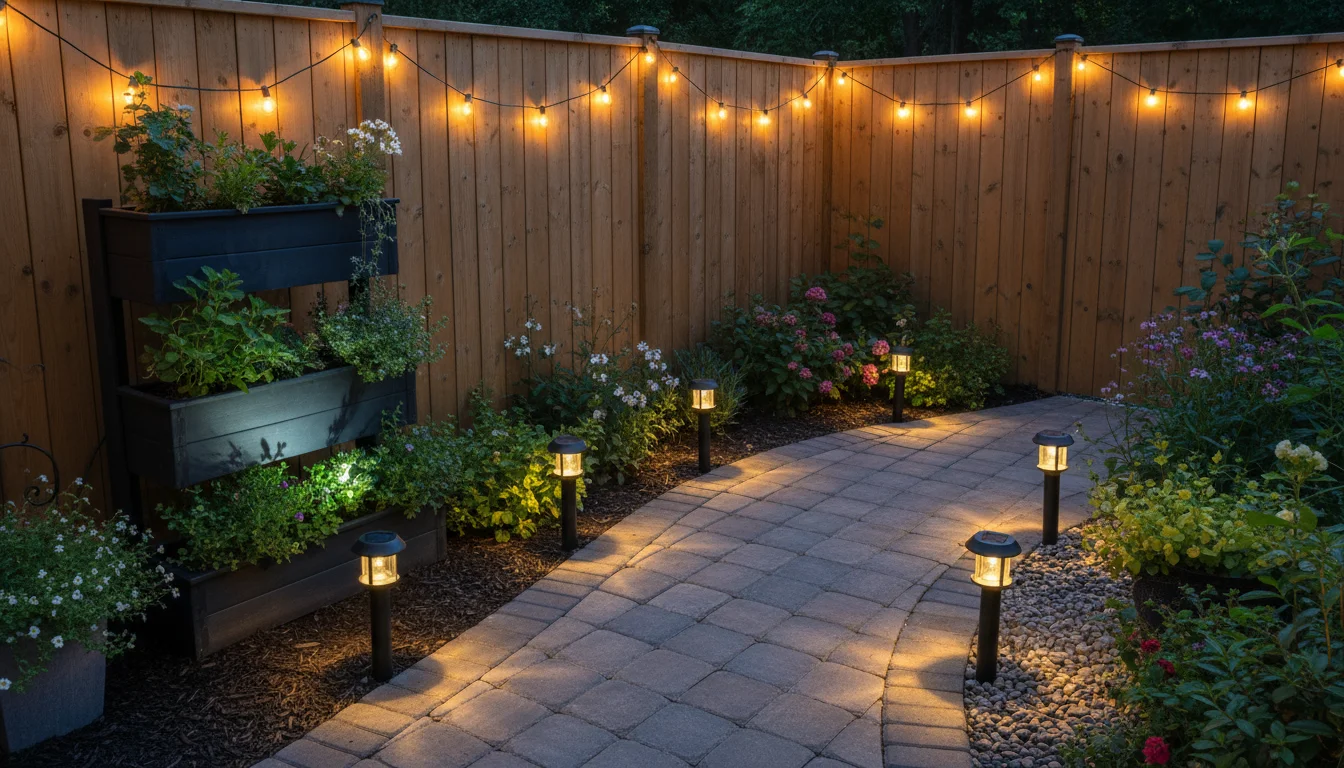 Dusk patio corner with solar path lights, an uplighting spotlight, and string lights highlighting safe, functional placement among containers.