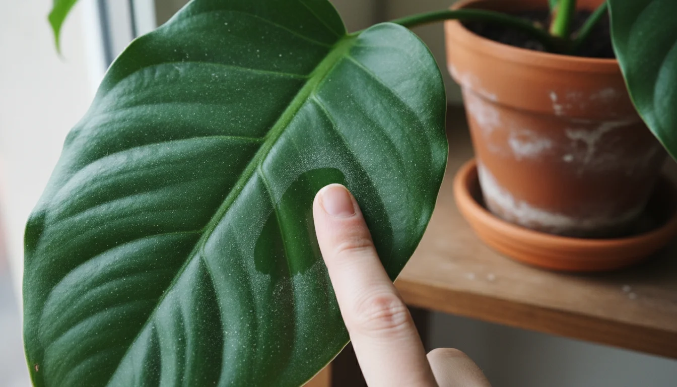 Close-up of a dusty green houseplant leaf, with a hand wiping a clean streak to reveal the vibrant color.
