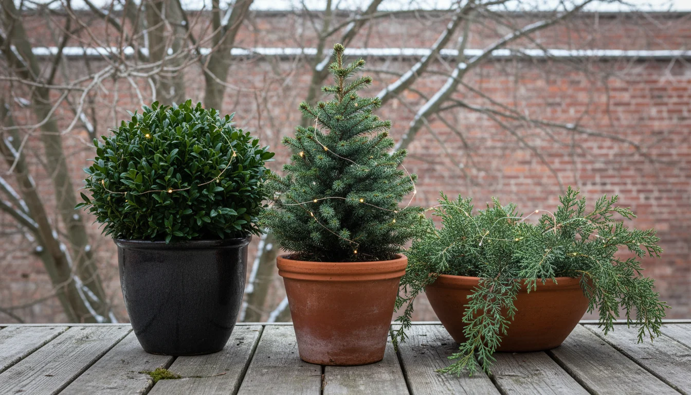 Dwarf Alberta spruce, boxwood, and juniper evergreens in pots on a weathered wooden balcony deck.
