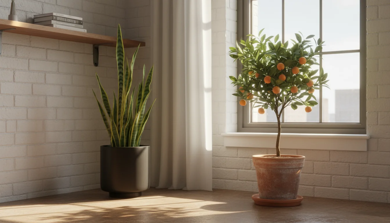 A dwarf citrus tree in a terracotta pot on a sunny windowsill next to a snake plant in a ceramic pot receiving indirect light indoors.