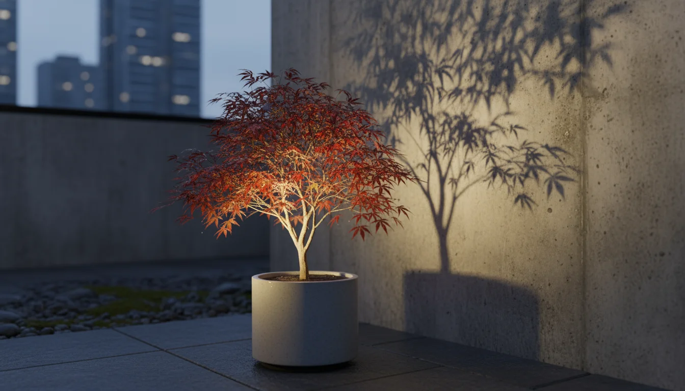 A dwarf Japanese maple in a grey pot, dramatically lit from below by a spotlight, casting long, elegant shadows onto a stucco wall at twilight.