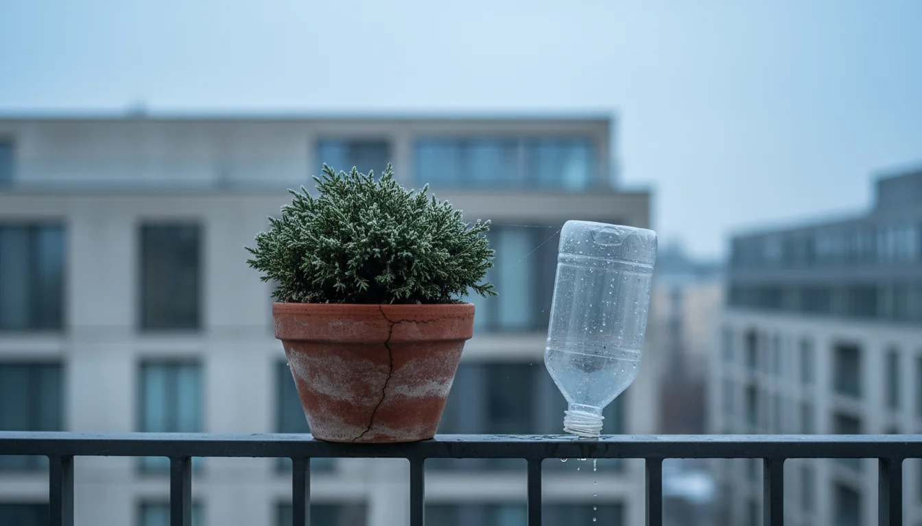 Dwarf juniper in a terracotta pot on a balcony, with an empty, inverted fertilizer bottle on a nearby ledge.