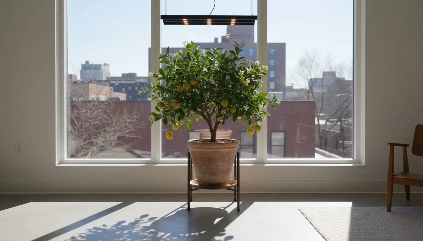 Dwarf lemon tree in terracotta pot by a bright, clean south-facing window, with strong winter sunlight and a subtle LED grow light.