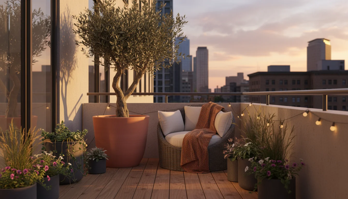 A dwarf olive tree in a terracotta pot anchors the far end of a narrow urban balcony with a wicker armchair and warm wood decking.