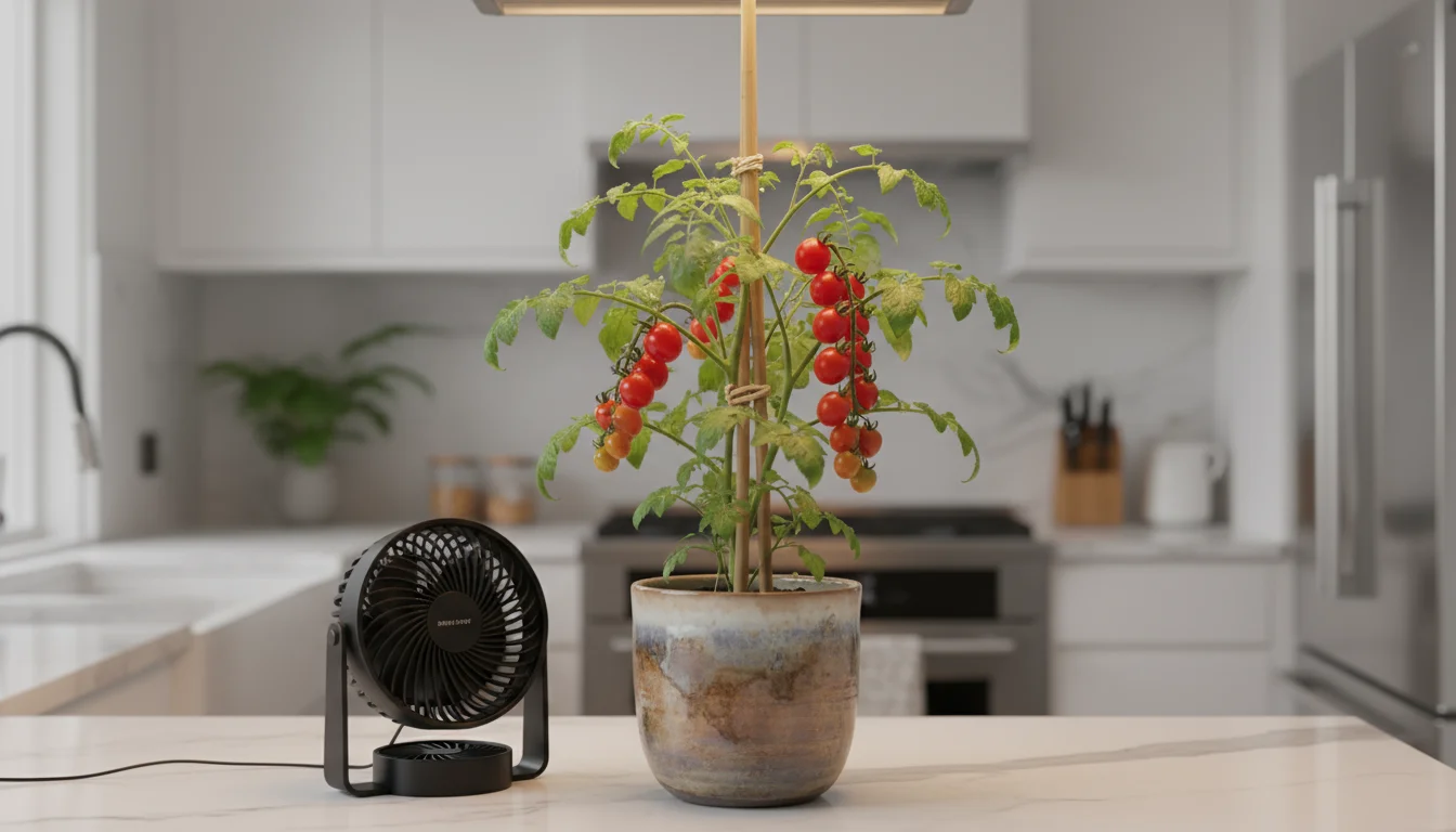 Dwarf tomato plant on a kitchen counter, supported by a bamboo stake, with a small fan nearby.