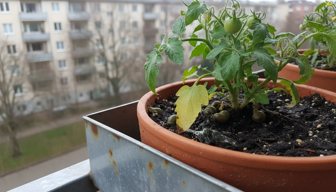 A dwarf tomato plant in a terracotta pot on a balcony shelf, with subtle pale leaves and aged eggshell fragments in the soil.