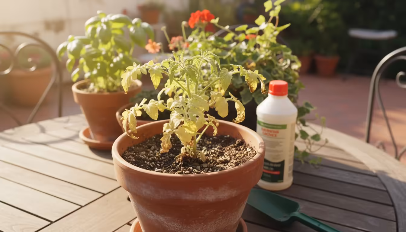 Close-up of a dwarf tomato plant in a terracotta pot on a patio, showing yellowed, crispy lower leaves from over-fertilizing.
