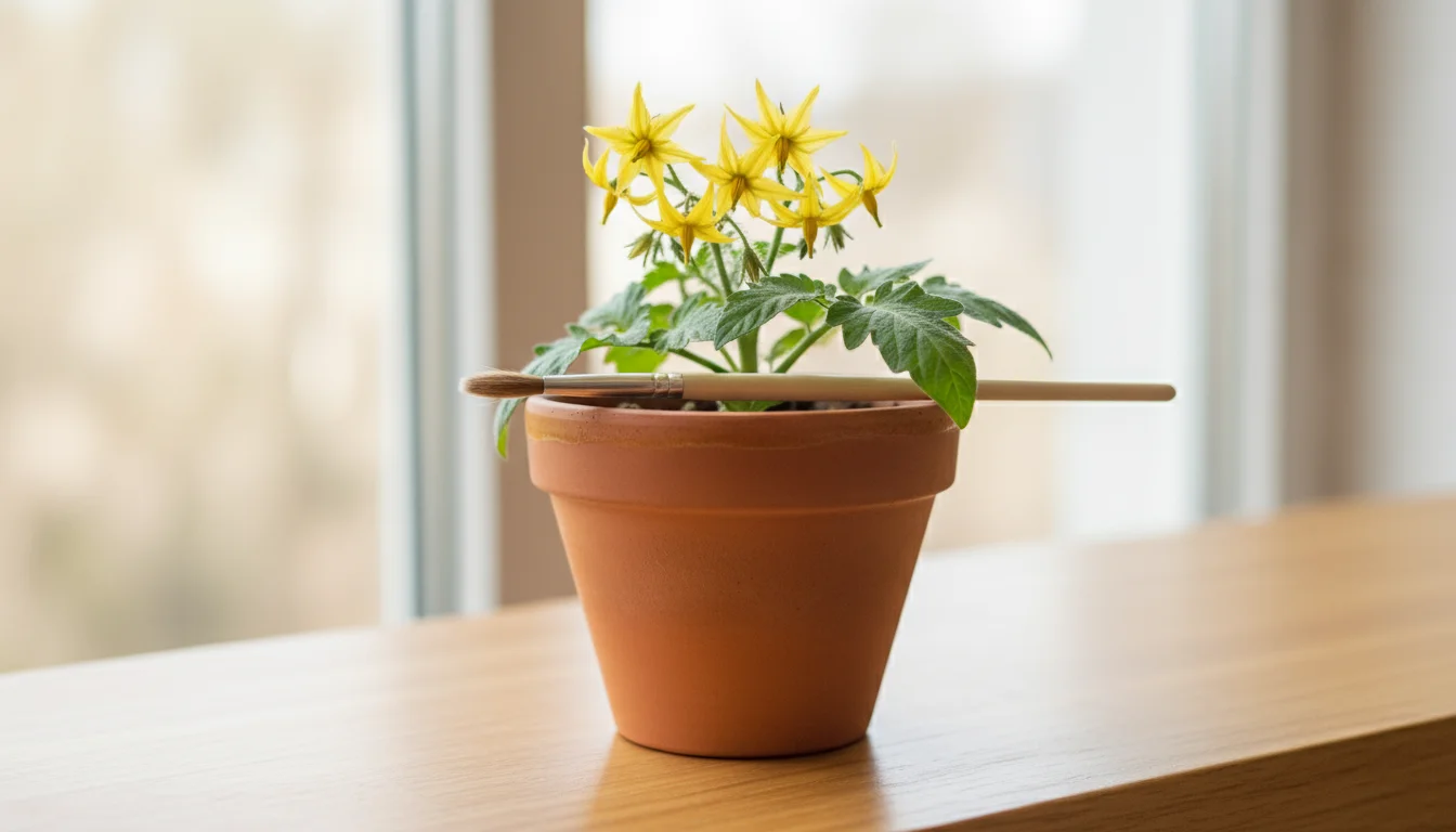 Dwarf tomato plant in a terracotta pot with vibrant yellow flowers and a small paintbrush resting on a leaf under a grow light.