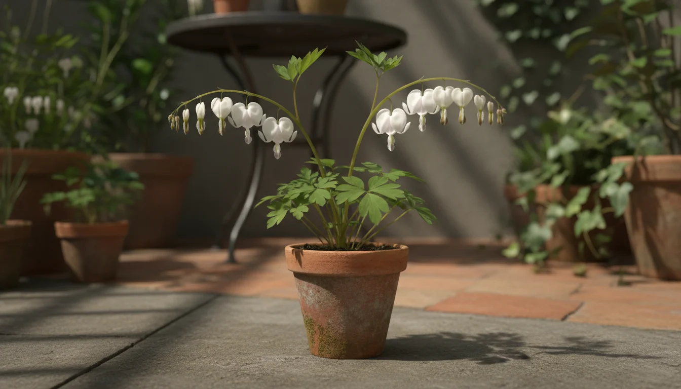 Close-up of a dwarf white bleeding heart plant with delicate white heart-shaped flowers and fern-like leaves in a terracotta pot.