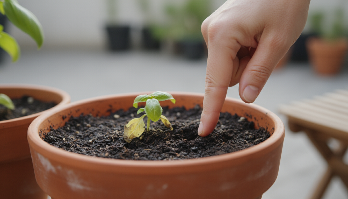 An eye-level view of a vibrant container garden on a balcony, featuring blooming flowers and herbs, with a hand tending soil.
